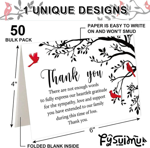 50Pcs FYSUIMU Funeral Thank You Card Cardinal Bird Branch Sympathy Boxed Thank You Card with Sticker Envelope