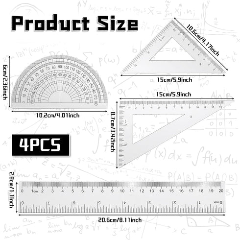 QfwdfcTrenz 4 Set 8 Inch Pcs Transparent Plastic Ruler Kit, Math Geometry with Straight Rulers, Triangular Ruler