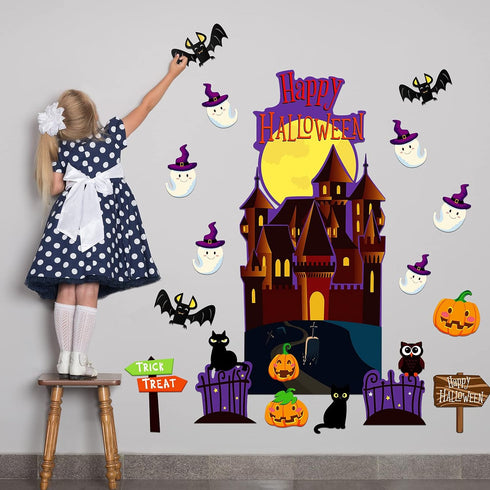 Spiareal 42 Pieces Halloween Cutouts, Bulletin Board Decorations with Halloween Castle, Pumpkin, Owl, Cat, Bat, Ghost
