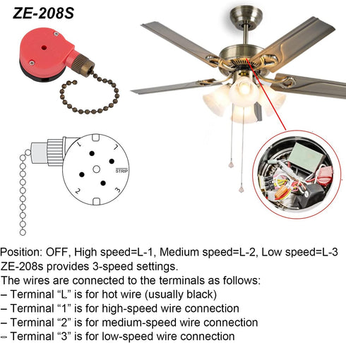 ZE-208s Ceiling Fan Switch - 3 Speed 4 Wire Pull Chain Switch, Replacement Part for Ceiling Fan Appliances (Bronze