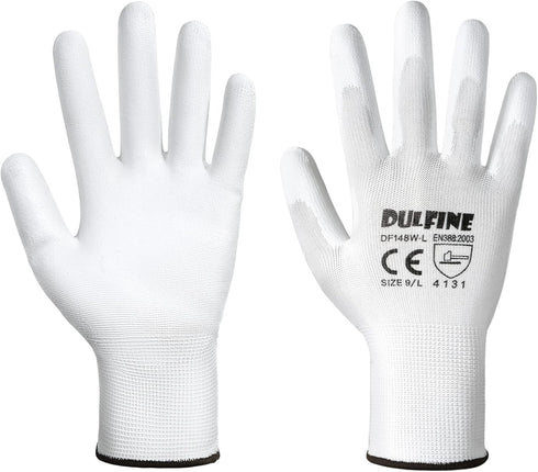 DULFINE Safety Work Gloves PU Coated-12 Pairs,White Seamless Knit Glove with Polyurethane Coated Smooth Grip on Palm & Fingers, for Men and Women, Ideal for General Duty Work (XX-Large)