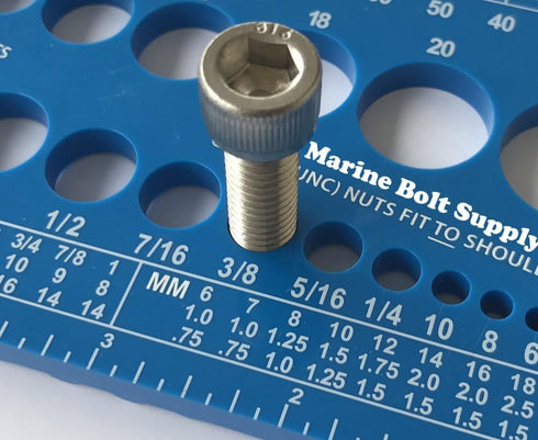 Nut, Bolt & Screw Gauge for Standard & Metric Coarse & Fine Diameter, Length & Thread Pitch (Blue)