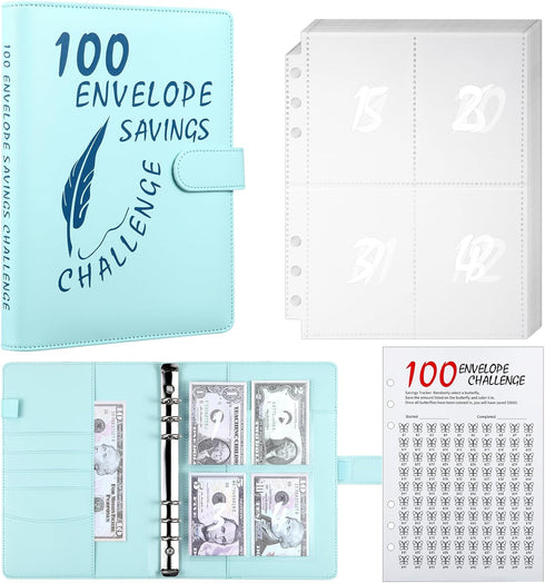 MUQING 100 Envelope Challenge Binder, Money Saving Envelopes for Cash Challenge, $5,050 Budget Planner Book (Blue)