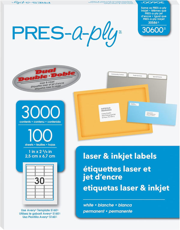PRES-a-ply Laser Address Labels, 1 x 2-5/8, White, 3000/Box