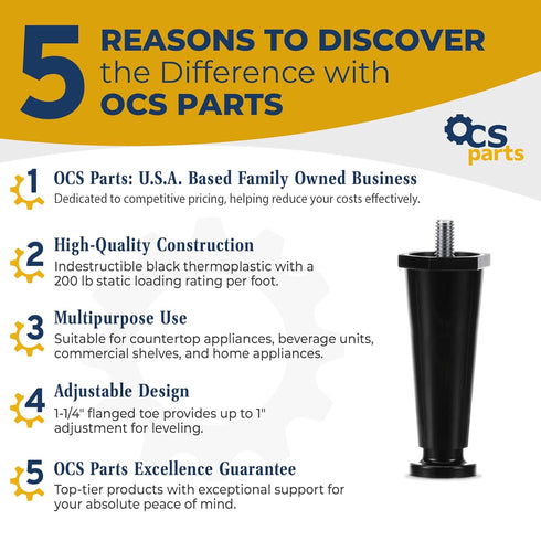 4-Pack 4-Inch Countertop 3/8-16 5/8" OCS Parts Black Thermoplastic Appliance Legs | Adjustable Height Appliance Legs