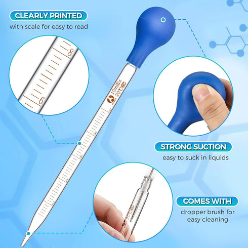 Weewooday Glass Droppers Pipettes with Big Rubber Hats, 20 cm Glass Stir Rod, 16 Pieces, Blue, 5 ml, 10 ml
