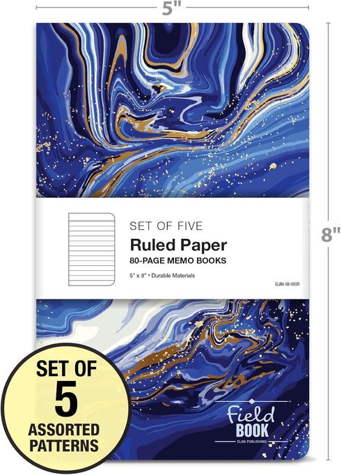 Elan Publishing Company Field Notebook/Journal, 5"x8", Marble Covers, Lined Memo Book, Pack of 5