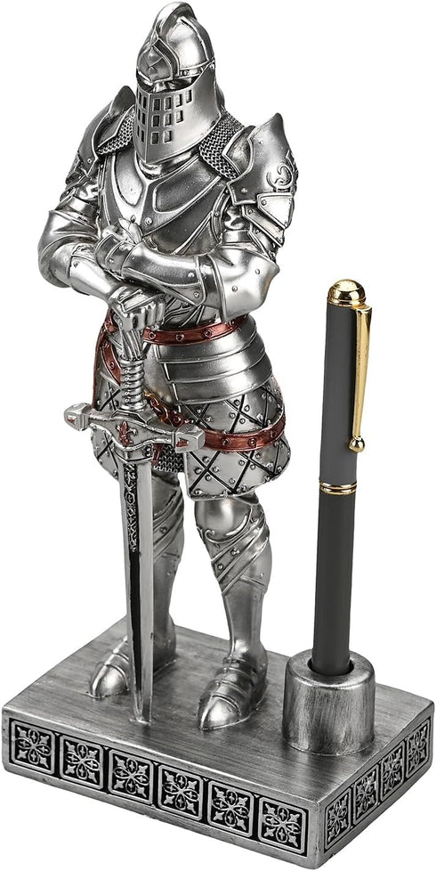 King's Guard Knight Pen Stand Statue - 9.45 Inches Silver Office Desk Organizer for Men, Top Collection Gift