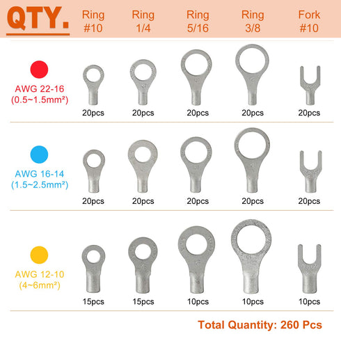 260PCS AWG 22-16 16-14 12-10 Copper Ring Fork Terminals Tin Plated Non-Insulated Electric Wire Connectors