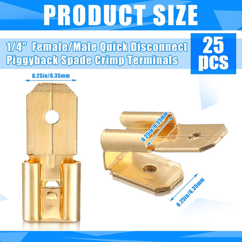 25 Pcs Piggyback Spade Connectors, 3 Way Adapter Dual Male to Single Female Brass Quick Disconnect Connectors Piggyback Terminals Crimp Terminals Assortment Kit, Unisulated