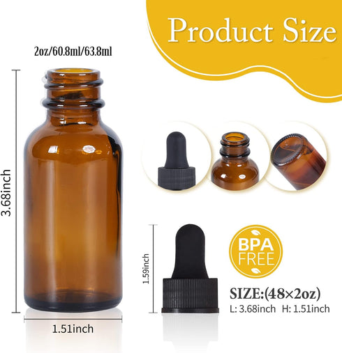 48 Pack 2 oz Dropper Bottles, Amber Glass Boston Bottles with Eye Droppers and Black Caps for Essential Oils, Travel