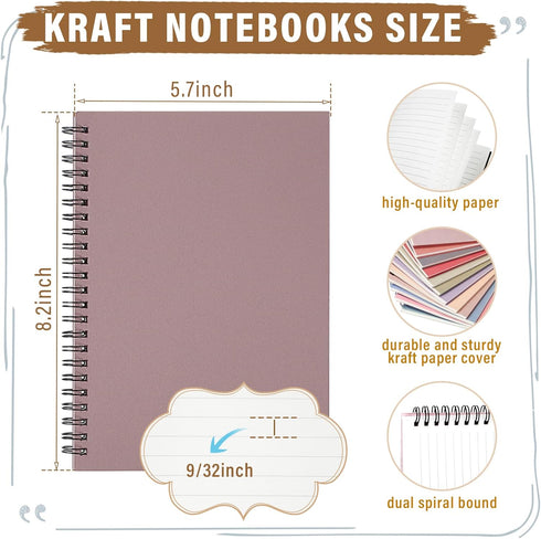 Fuutreo 24 Pcs Spiral Notebook - A5 8.3 x 5.7 Inch, College Ruled, Kraft Cover, 60 Sheets, 120 Pages for Office School