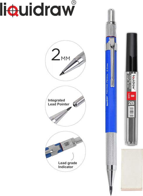 Mechanical Clutch Pencil 2mm With 8 x 2B Leads, Eraser & Integrated Sharpener For Architectural Technical Drawing Artists Architects Engineers Drafting Carpenters Sketching Writing by Liquidraw