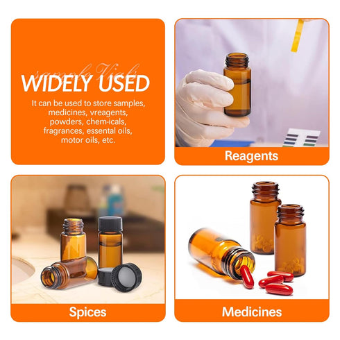 20 PCS 8ML (2 dram) Amber Small Liquid Sample Glass Vials with Screw Caps, Leak-Proof Vial, 15-425 Black Screw Cap with