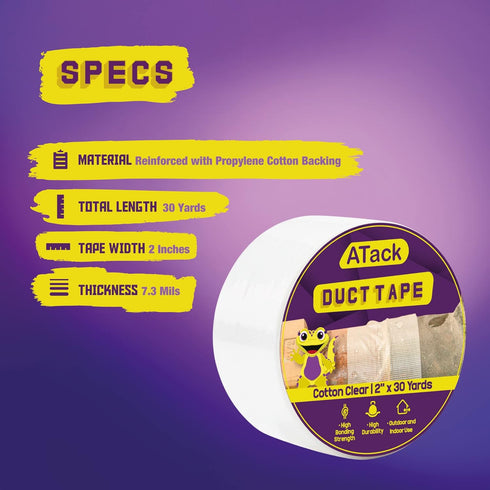 ATack Duct Tape Clear Cotton Textile, 2-Inches x 30 Yards, Heavy-Duty Repair, Packing, Weatherproof