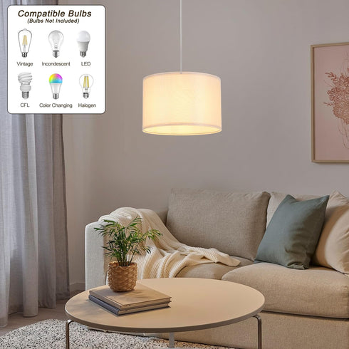 2 Pack 15Ft Plug in Pendant Light, Hanging Light with Clear Cord, On/Off Switch, Beige Yellow Fabric Lamp Shade