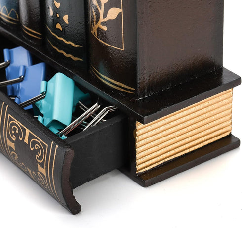 Tosnail Decorative Pen Holder with Storage Drawer, Antique Library Design Wooden Pencil Organizer for Office Supplies