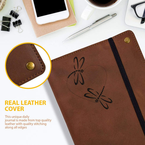 The Dragonfly Heart Real Leather Journal, 6 x 8.5 Inches, 200 Lined Pages, Elastic Strap, Leather Notebook for Writing