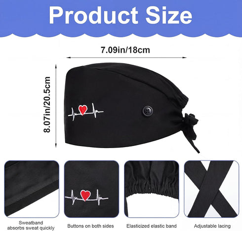 Heclia 2Pcs Scrub Caps Women, Nursing Hats with Buttons & Sweatband Adjustable Bouffant Working Cap Surgery Cap Women
