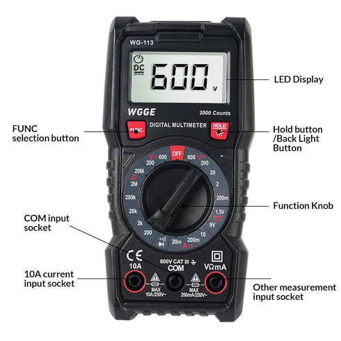 WGGE Digital Multimeter with Case, DC AC Voltmeter, Ohm Volt Amp Test Meter for Household Outlet
