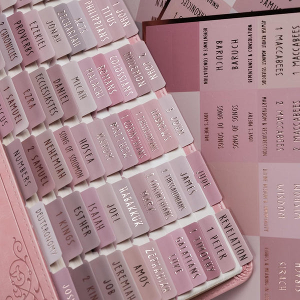 UPAFEXXI-Laminated Bible Tabs with Book Summaries(Rose Gold Foil Embossed Lettering), Bible Tabs