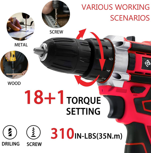 Set 21v 84pcs 3/8" 2 Cordless Drill Power Drill Cordless With Battery & Charger, Accessories Electric Drills Variable