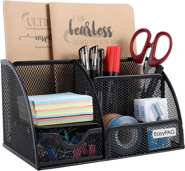 EasyPAG Desk Organizer Mesh Desktop Office Supplies, Multi-functional Caddy with 6 Compartments and 1 Drawer (Black)