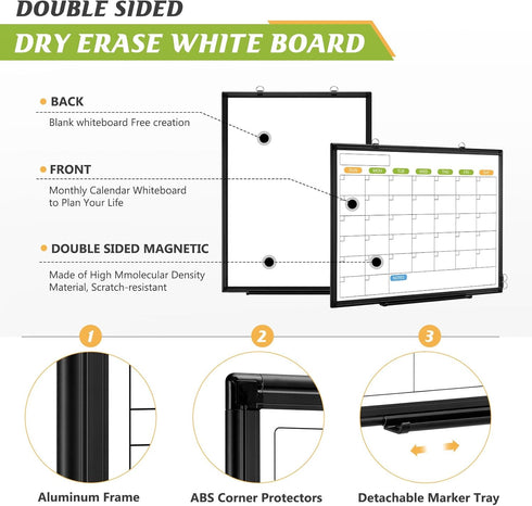 Dry Erase Calendar Whiteboard for Wall, 24" x 18" Magnetic Monthly White Board, Black Aluminum Frame for Planning,