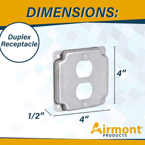 AP-12096, 4" Square Duplex Receptacle Electrical Box Cover, 1/2" Raised, Galvanized Steel, Crushed Corners