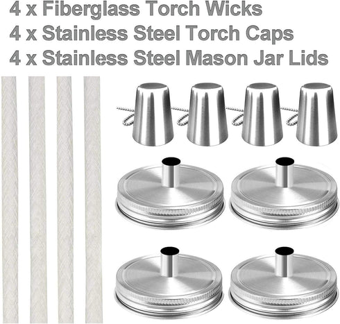 Mason Jar Tabletop Torch Kits, 4 Pack with Longlife Fiberglass Wicks and Stainless Steel Lids