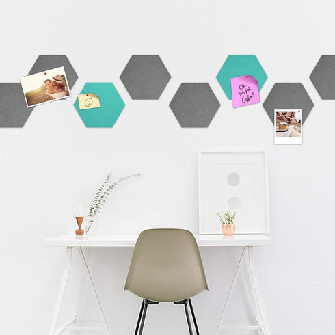 Navaris Hexagon Felt Board Tiles, Set of 12 Memo Bulletin Boards with Push Pins and Double-Sided Tape 5.9" x 6.7" -