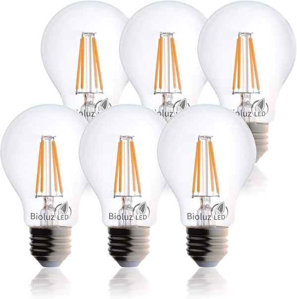 Bioluz LED 92 CRI E26 LED Bulb, 60 Watt Dimmable Edison Bulbs, Warm White Clear, UL Listed, 6-Pack