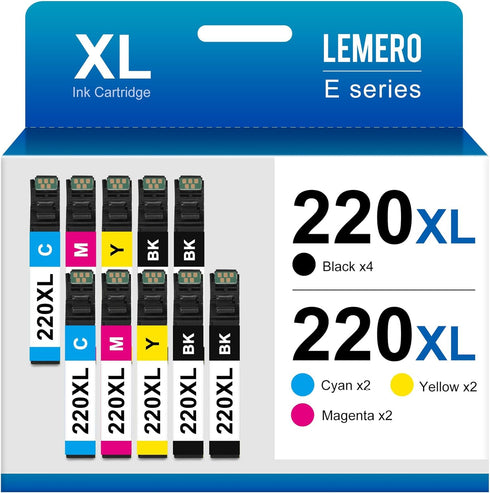 LEMERO Remanufactured 220XL Ink Cartridges for Epson 220, 10 Pack (4 Black, 2 Cyan, 2 Magenta, 2 Yellow)