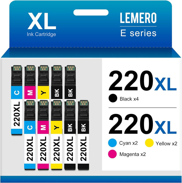 LEMERO Remanufactured 220XL Ink Cartridges for Epson 220, 10 Pack (4 Black, 2 Cyan, 2 Magenta, 2 Yellow)