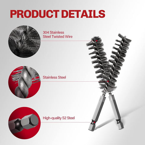 6PCS 304 Stainless Steel Bore Brush, Twisted Wire Drill Brush, 1/4 Inch Hex Shank S2 Steel Handle for Plumbing Tools