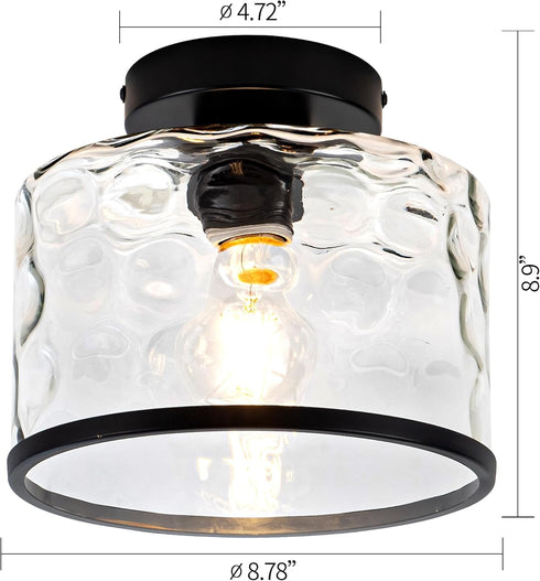 Zlepmlla Hammered Glass Ceiling Light, Black Semi Flush Mount with Glass Shade, Farmhouse Light Fixture for Hallway