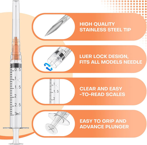 3ml Syringes, 25 Gauge 1 Inch Needle, Luer Lock Disposable Accessories for Lab, Pack of 25