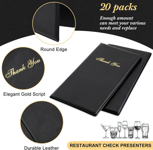 CHENGU 20 Packs 11 4.7 0.08 Inch Restaurant Check Presenters Guest Check Card Holder Black with Gold Thank You Imprint