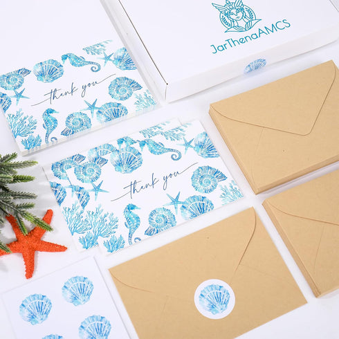 50 Packs Summer 4 6 Inch JarThenaAMCS Ocean Thank You Cards Greeting Cards Blue Under The Sea Seashell Seahorse Blank