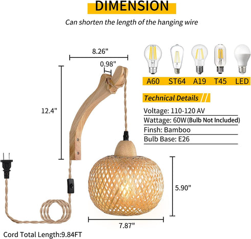 Frideko Bamboo Lantern Plug in Wall Sconces Wicker Wall Lamp with Plug in Cord Hand Woven Rattan Wall Light Farmhouse