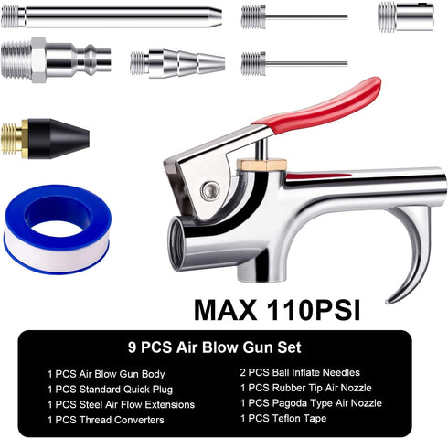 9 Pcs 2-Way Connection Air Nozzle Blow Gun Sets, Air Nozzle Kit with 1/4 Inches Standard Quick Fitting