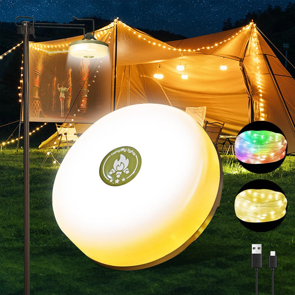 Wellgium Camping String Lights,Camping Essentials Gear 32.8FT Lamp Lights Waterproof, 4 in 1