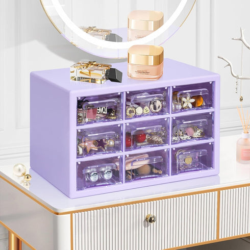 Desk Storage Organizer with 9 Drawers, Clear Plastic Storage Cabinet for Makeup, Office, Craft, and Art Supplies