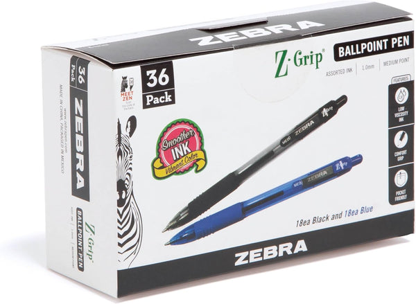 Zebra Pen Z-Grip Retractable Ballpoint Pen - Medium Point (1.0mm), Blue and Black Ink, 36-Pack