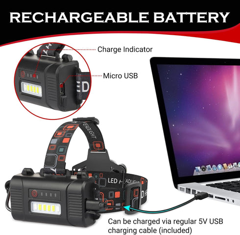 Rechargeable Headlamp, 10000 High Lumen LED Light, Waterproof Camping Gear with Red Light, 4 Modes USB Recharge