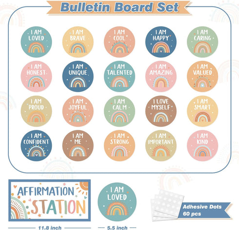 Boho Affirmation Station Bulletin Board Set, Rainbow Classroom Decor with Positive Mirror Growth Mindset Posters