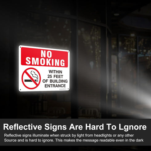 No Smoking Within 25 Feet of Building Entrance Sign, 4 Pack - 10"x7" Rust Free Reflective Aluminum, Weatherproof