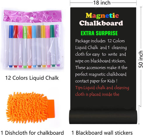 Magnetic Chalkboard Contact Paper, 50"x18" Self Adhesive Magnet Wall Board Sticker with 12 Color Liquid Chalk