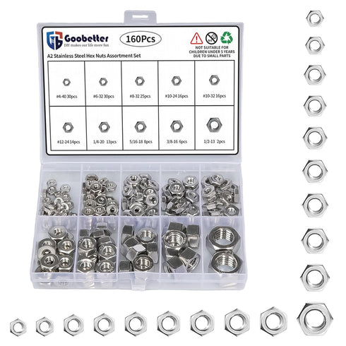 GOOBETTER 160PCS SAE Hex Nuts Assortment Kit, 304 Stainless Steel, 4#40 6#32 8#32