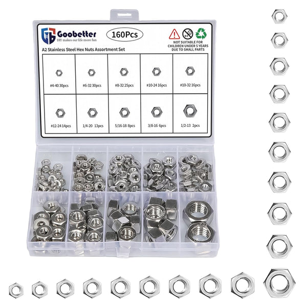 GOOBETTER 160PCS SAE Hex Nuts Assortment Kit, 304 Stainless Steel, 4#40 6#32 8#32